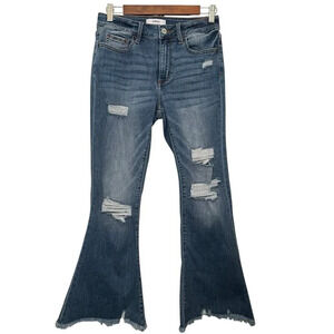 Ceros‎ High Rise Flare Wide Leg Distressed Jeans Boho Festival Raw Hem Size 28